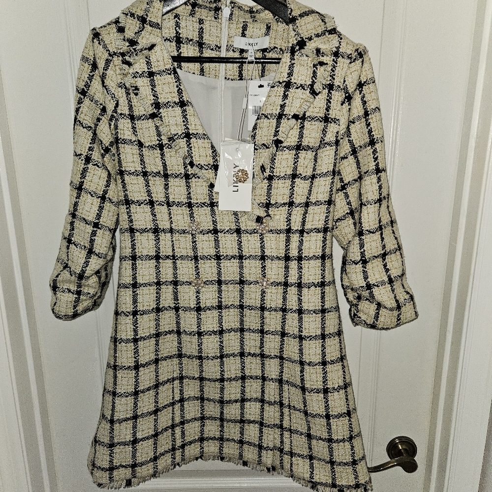 Likely Emerson Plaid Tweed Mini Blazer Cream Print Coatdress size 6 NWT